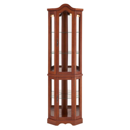 Corner Curio Cabinet With Lights, Adjustable Tempered Glass Shelves, Mirrored Back, Display Cabinet