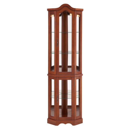 Corner Curio Cabinet With Lights, Adjustable Tempered Glass Shelves, Mirrored Back, Display Cabinet