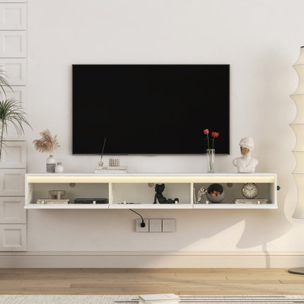 Floating TV Stand, Wall Mounted TV Shelf With Led Lights & Power Outlet,High Gloss TV Cabinet For Tv Stands For Living Room