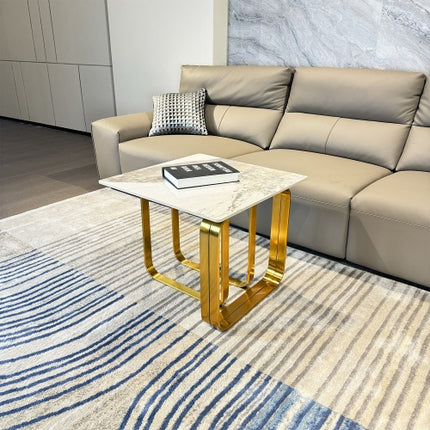 Rectangular End Table With Sintered Stone Top, Gold Metal Frame For Living Room