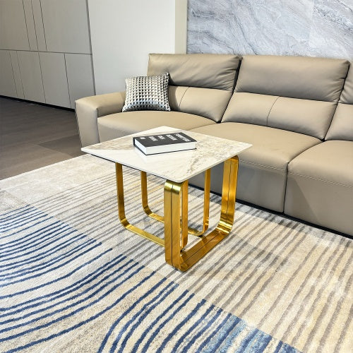 Rectangular End Table With Sintered Stone Top, Gold Metal Frame For Living Room