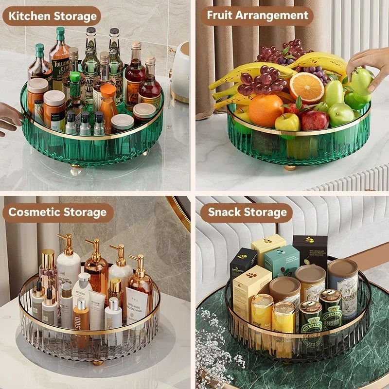 Four images showing a green and gold round tray used for kitchen storage, fruit arrangement, cosmetic storage, and snack storage.