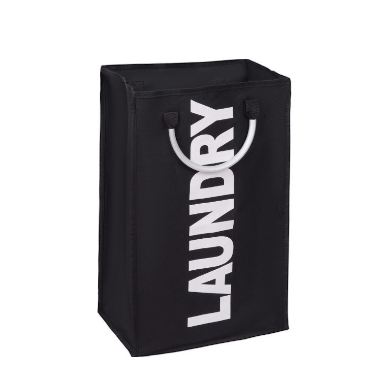 Black laundry basket with 'LAUNDRY' text on a white background