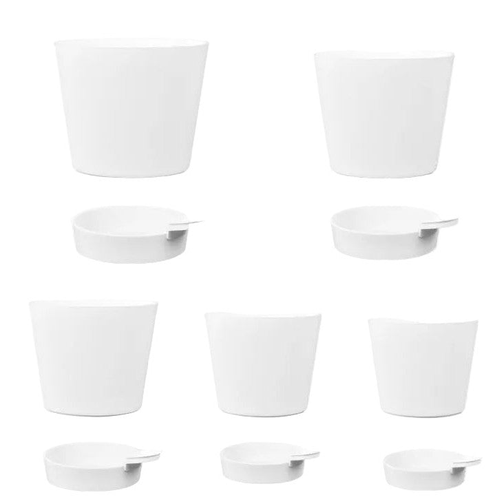 White ceramic bowls with dimensions labeled on a white background
