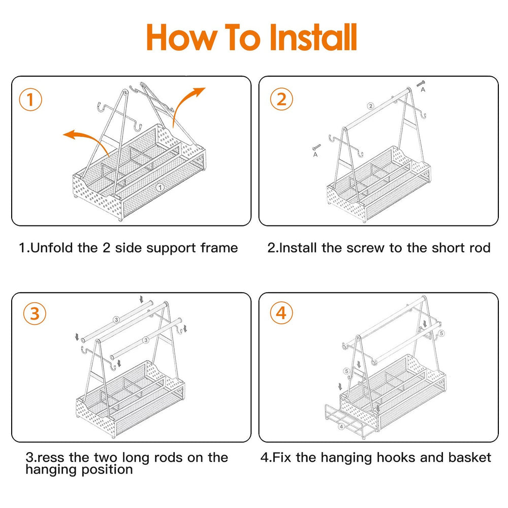 Step-by-step installation guide for a hanging basket with labeled steps.