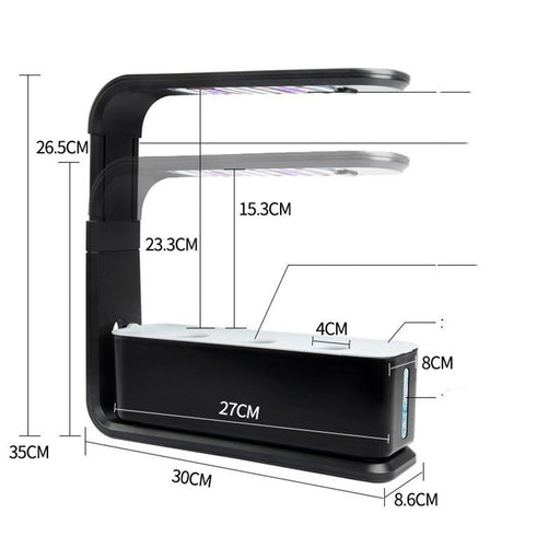 Black lamp with dimensions labeled on a white background