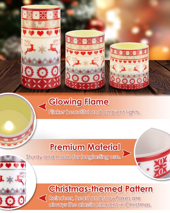 3Pack Christmas Flameless LED Candles Deer Flickering Candle Lights Pillar Candles With 3 Lighting Modes Timer Remote Control