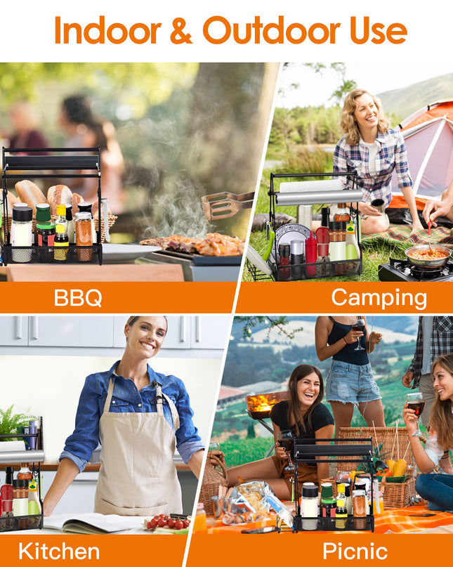 Utensil Caddy Metal Grill Caddy With Paper Towel Holders Utensil Holder For Outdoor Picnic Barbecue Camping Grilling Tools Storage Organizer Barbecue Accessories