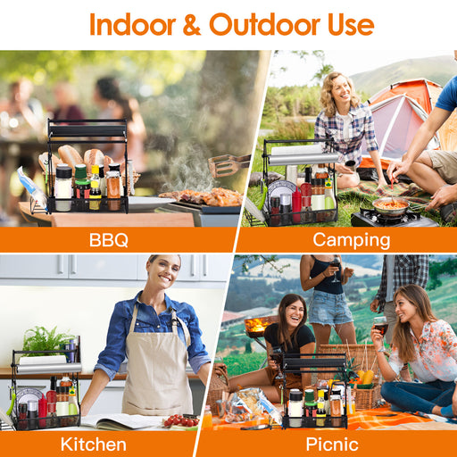 Collage of people using a grill for BBQ, camping, kitchen, and picnic scenarios.