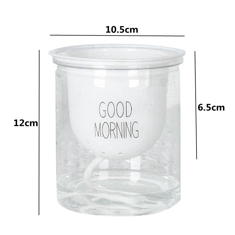 Clear glass jar with 'Good Morning' text and dimensions on a white background