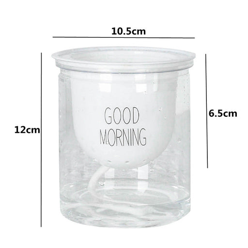 Clear glass jar with 'Good Morning' text and dimensions on a white background