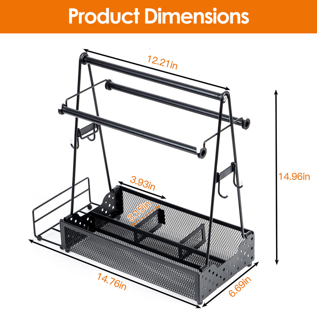 image Black metal kitchen rack with dimensions labeled on a white background