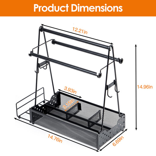 Black metal kitchen rack with dimensions labeled on a white background
